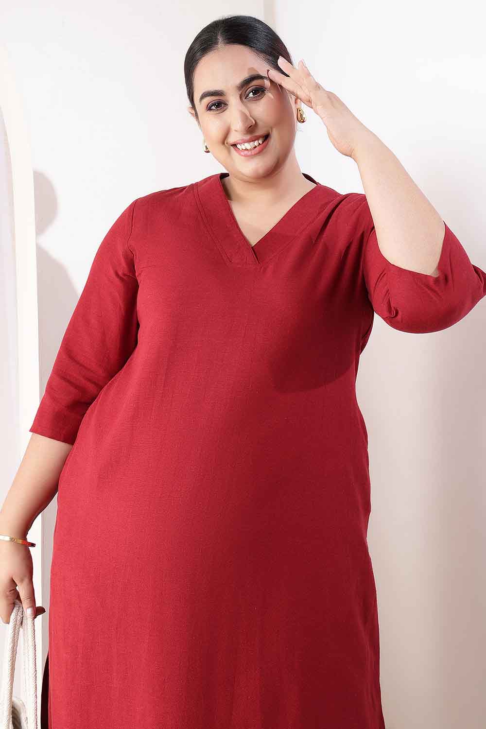 Plus Size Maroon V-Neck Cotton Linen V Neck Kurta