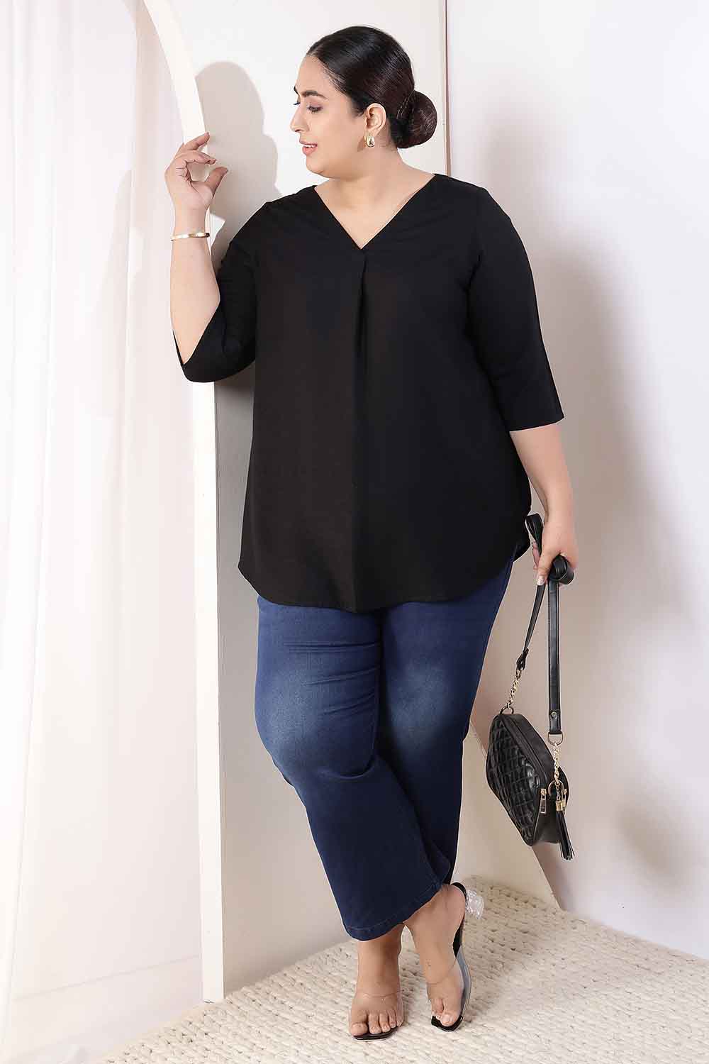 Plus Size Black V-Neck Cotton Linen Top
