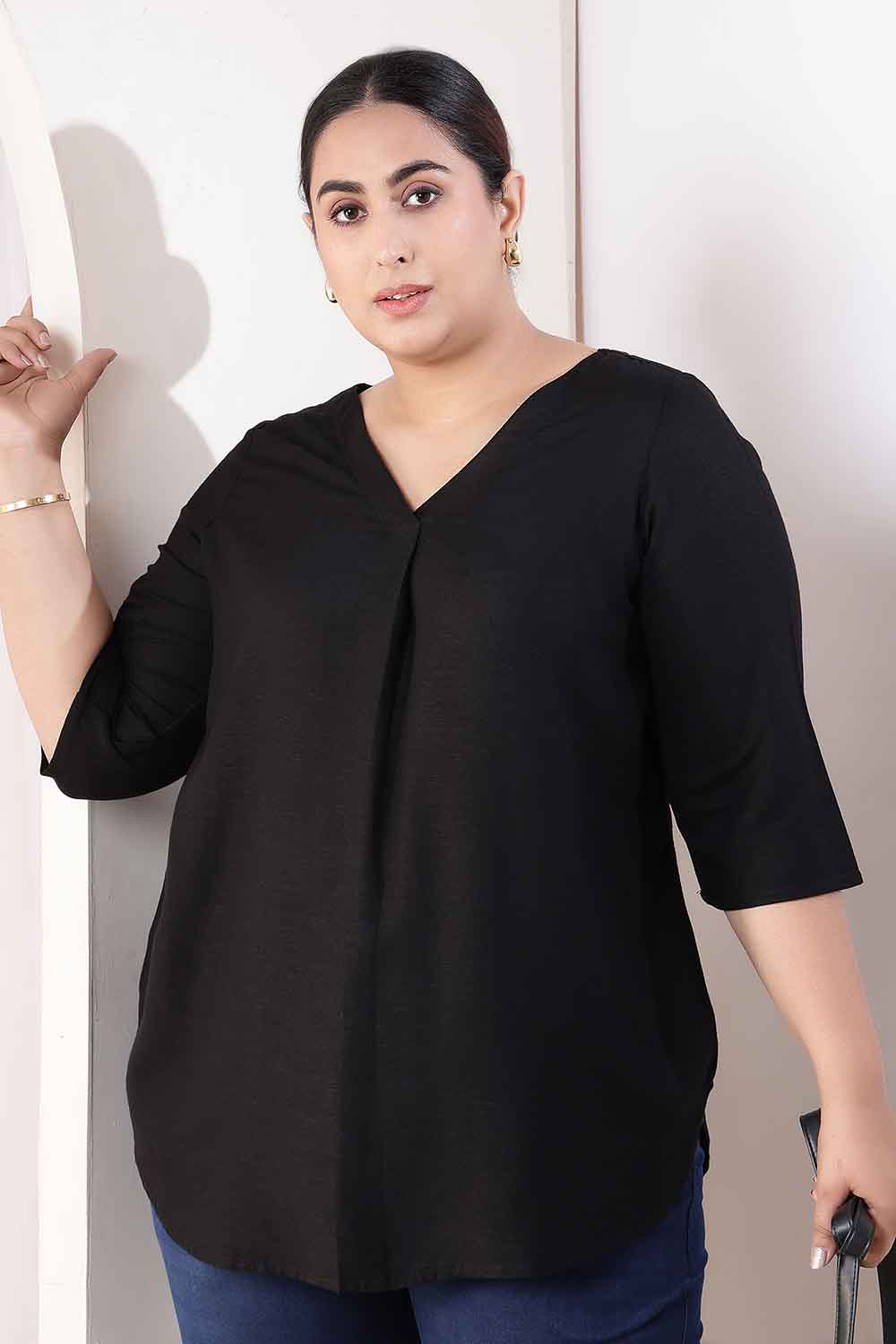 Plus Size Black V-Neck Cotton Linen Top