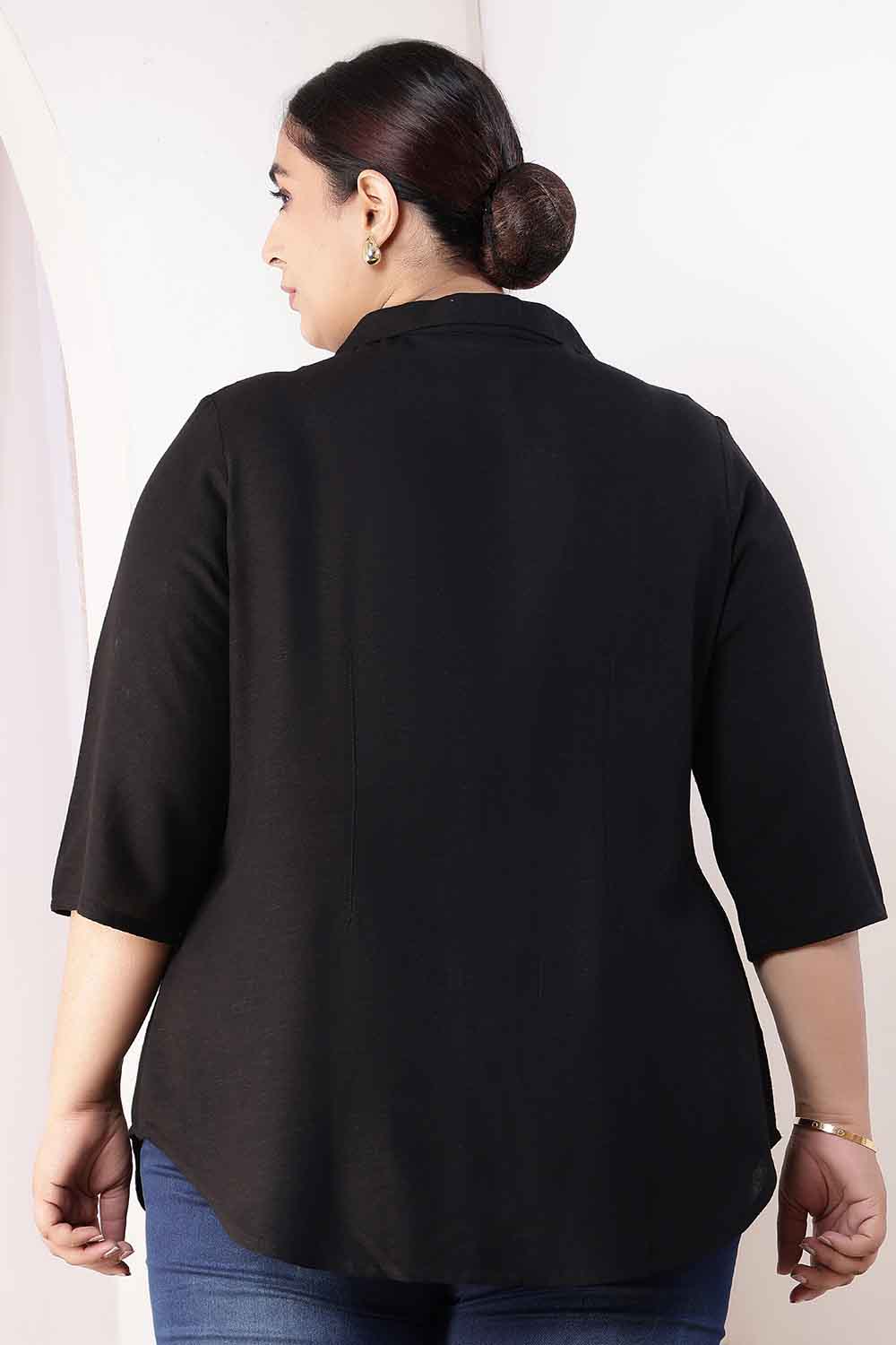 Plus Size Black Cotton Linen Cuban Collar Shirt