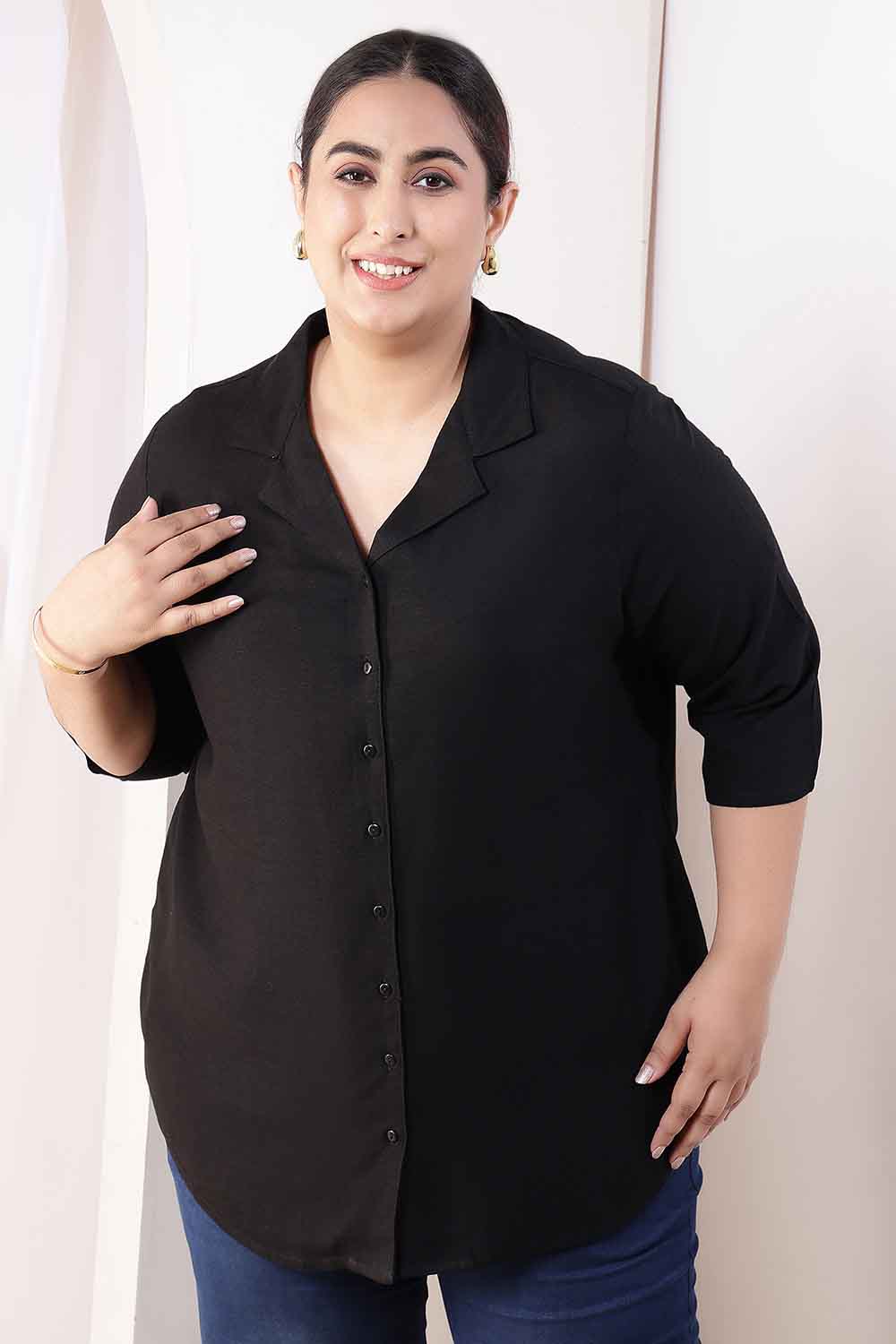 Plus Size Black Cotton Linen Cuban Collar Shirt for Women
