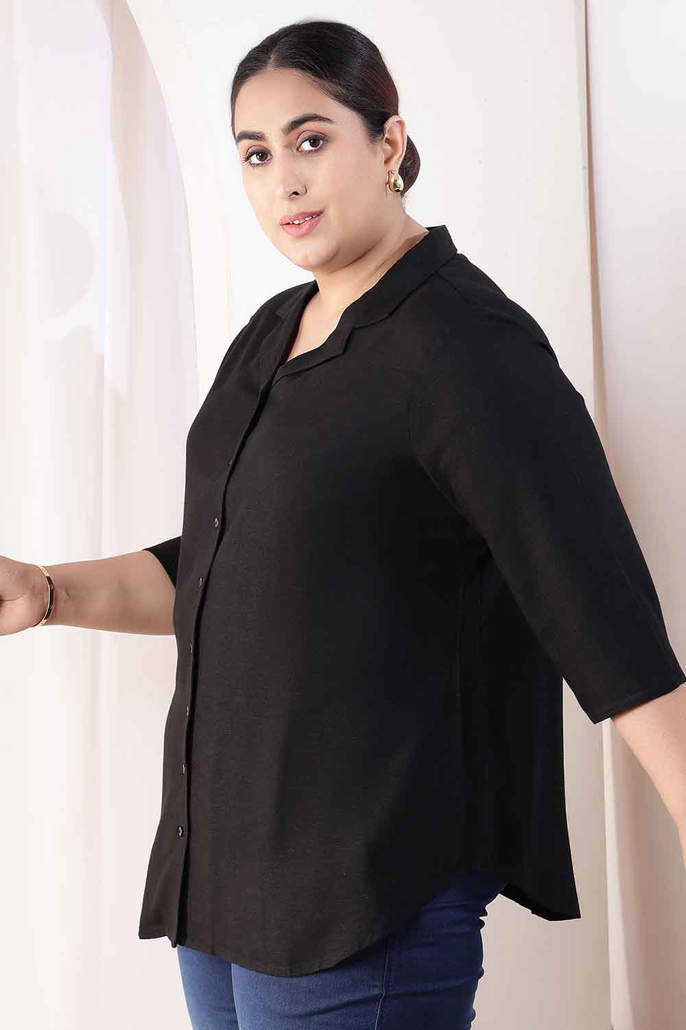 Plus Size Plus Size Black Cotton Linen Cuban Collar Shirt