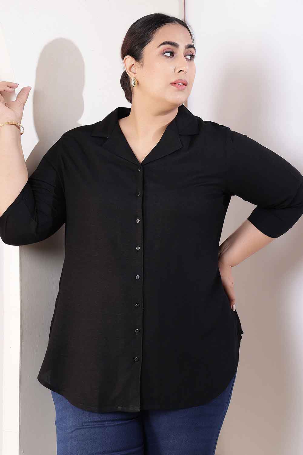 Plus Size Black Cotton Linen Cuban Collar Shirt