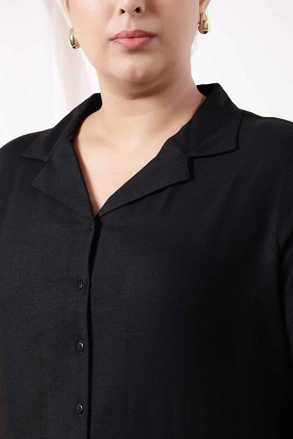 Comfortable Plus Size Black Cotton Linen Cuban Collar Shirt