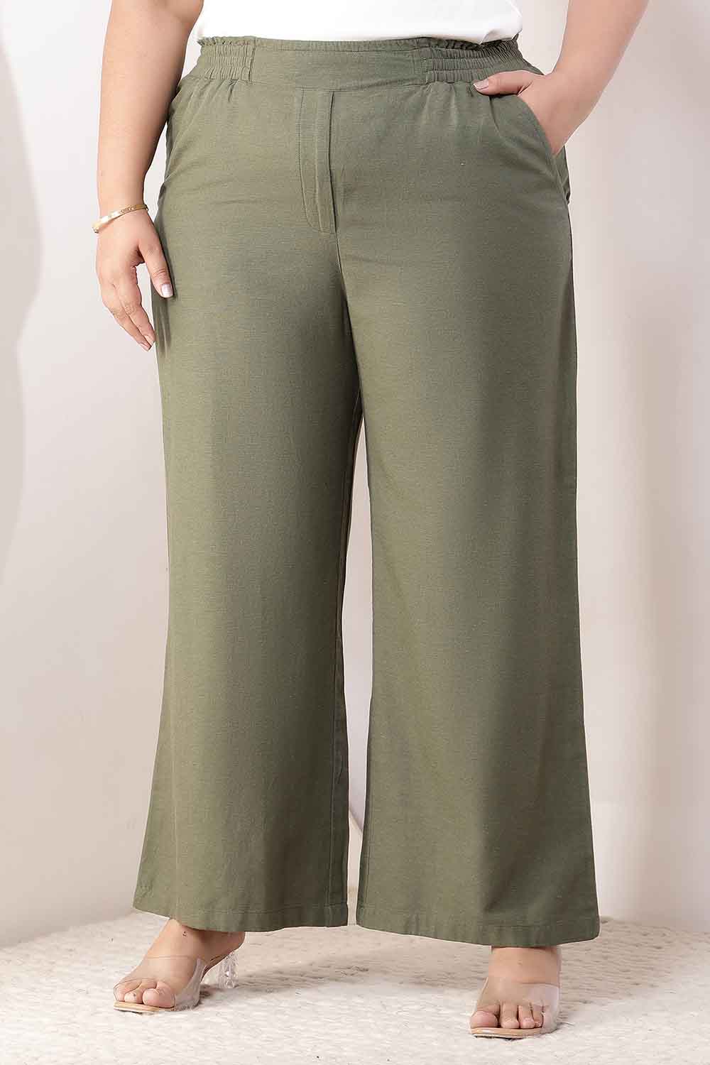 Plus Size Olive Green Cotton Linen High Waist Pants