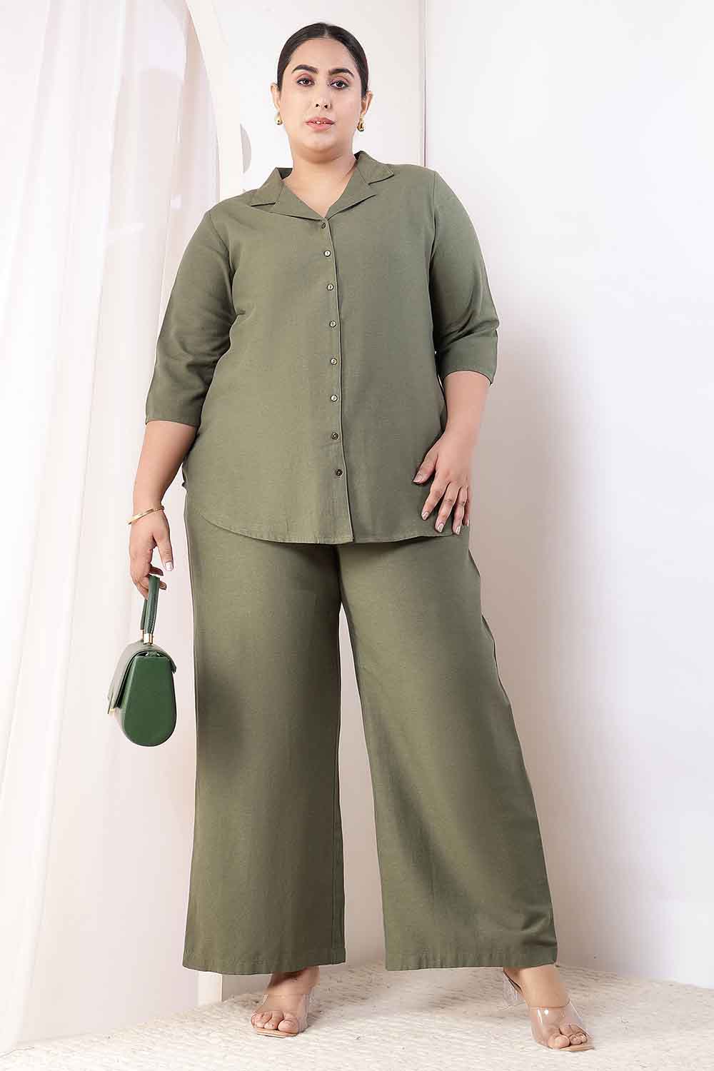 Plus Size Olive Green Cotton Linen Shirt Coord Set