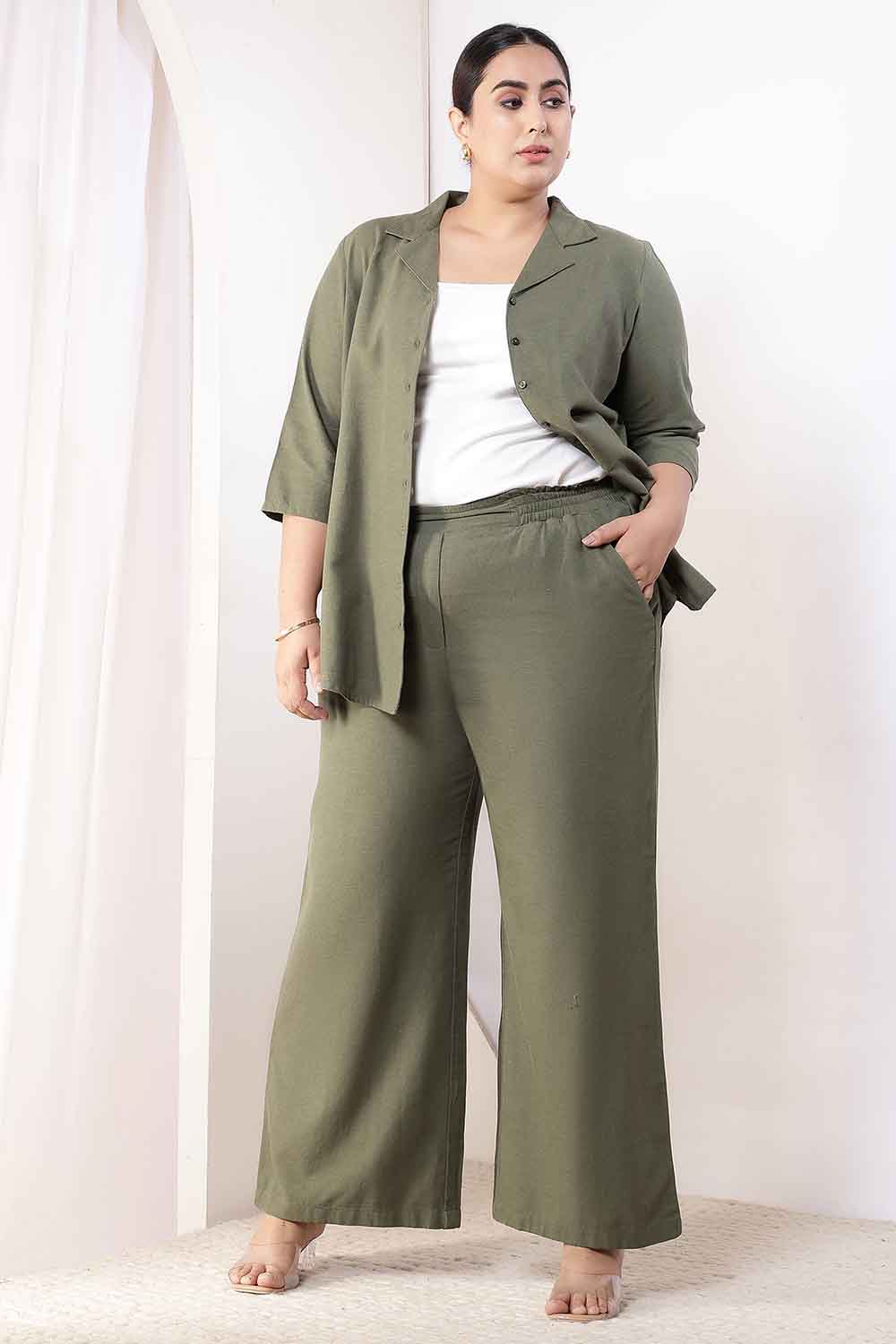 Plus Size Olive Green Cotton Linen Shirt Coord Set