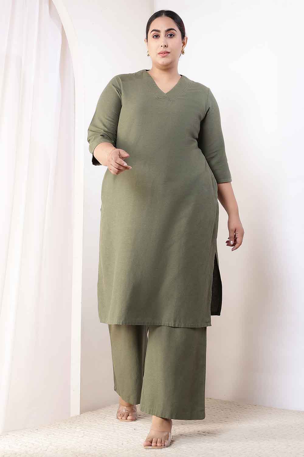 Plus Size Olive Green Cotton Linen Kurta Coord Set