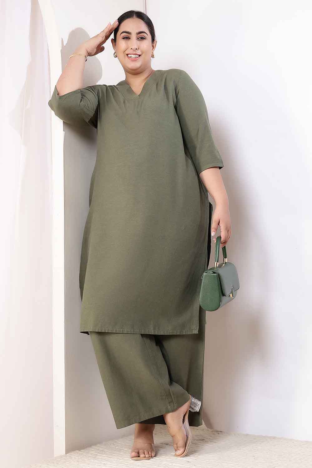 Plus Size Olive Green Cotton Linen Kurta Coord Set
