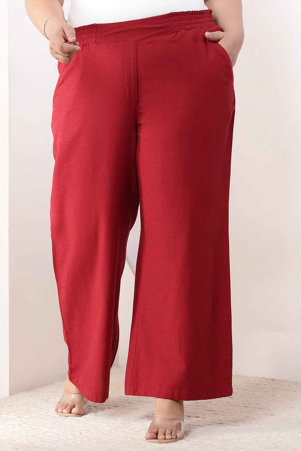 Plus Size Maroon Cotton Linen High Waist Pants - Main Image