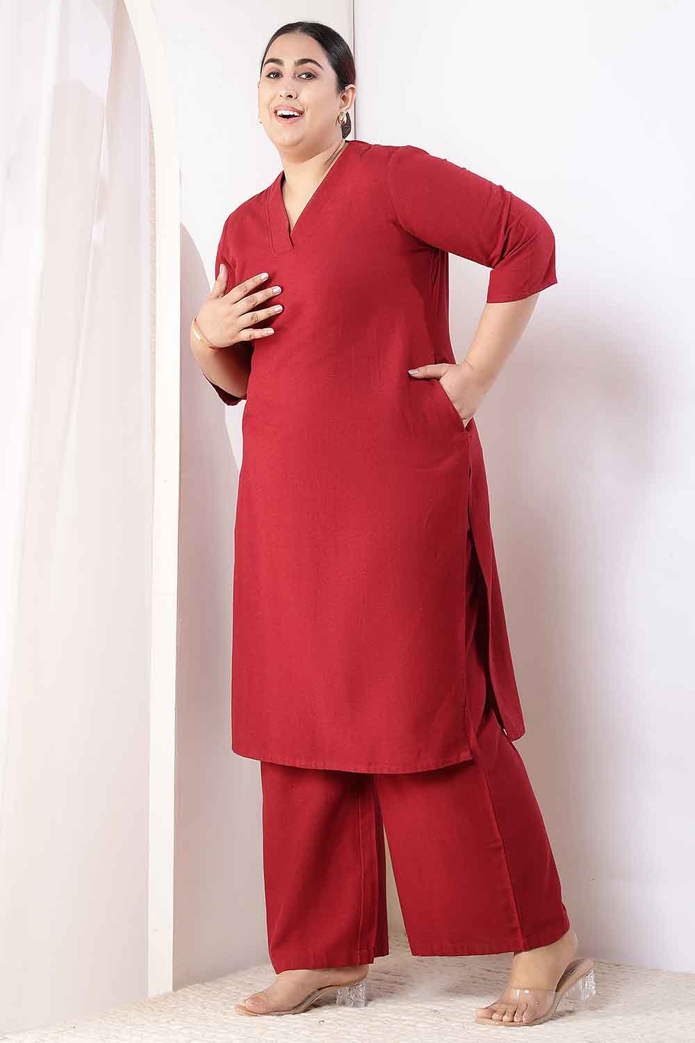 Plus Size Maroon Cotton Linen Kurta Coord Set