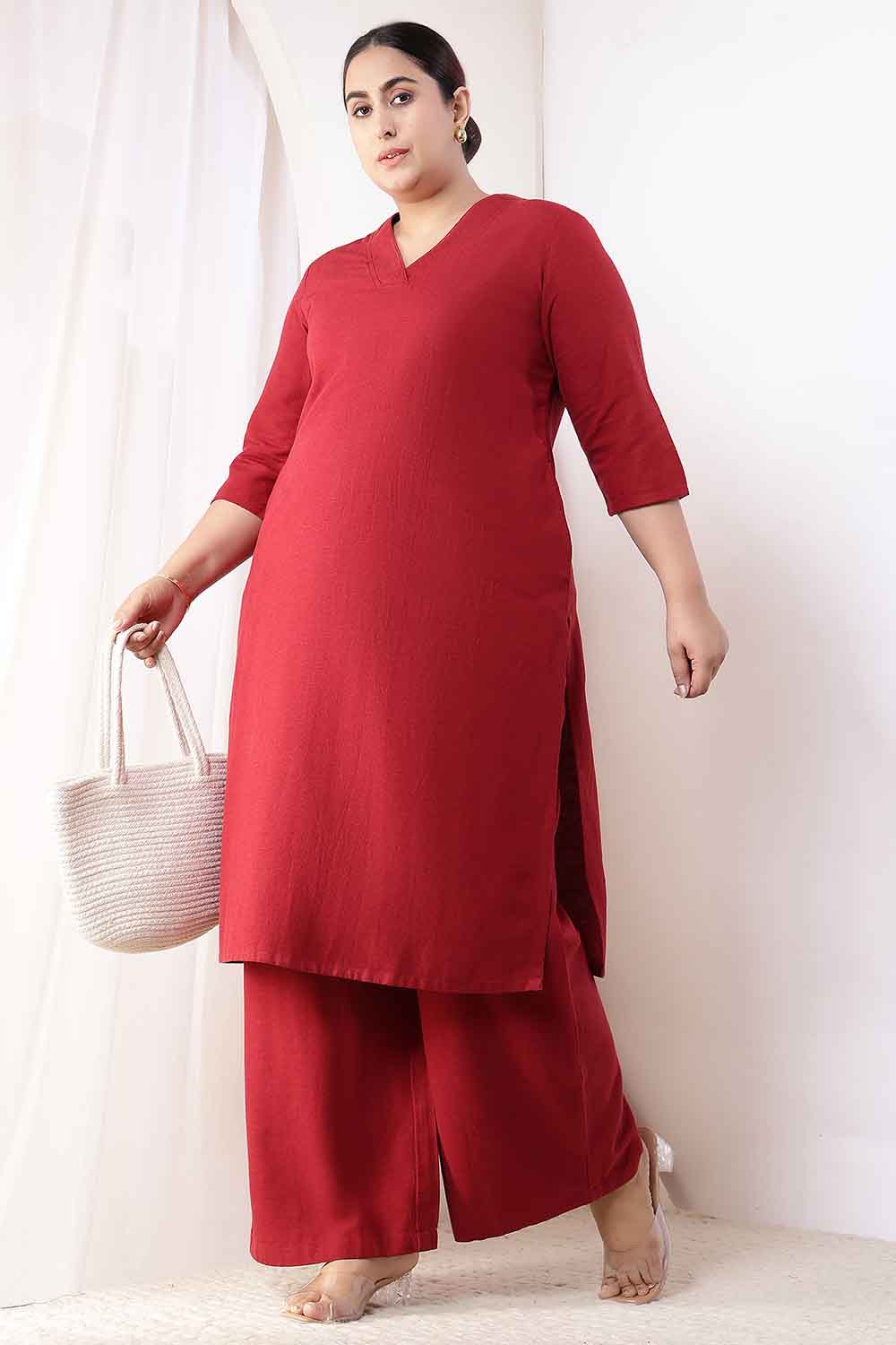 Plus Size Maroon Cotton Linen Kurta Coord Set