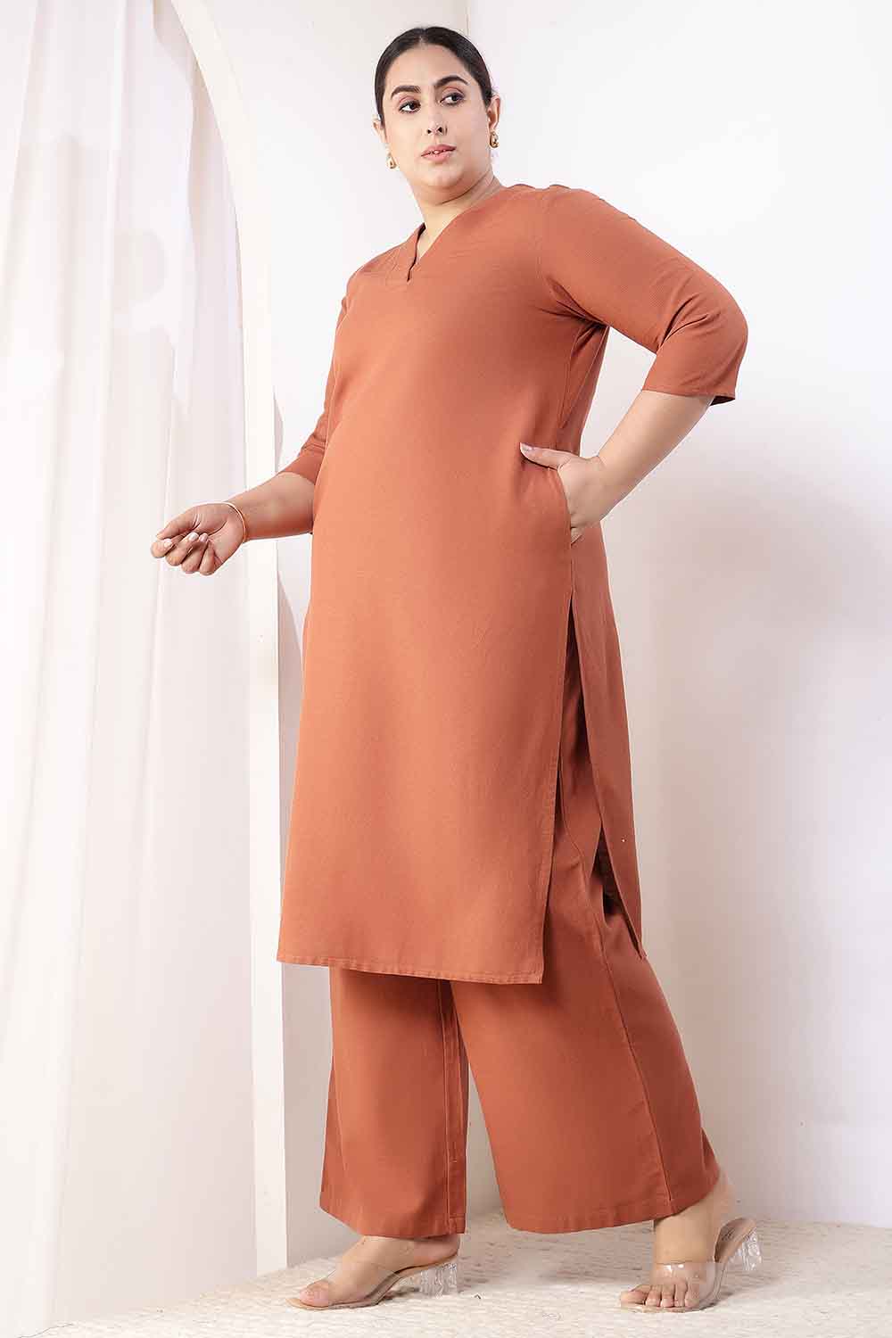 Plus Size Mocha Brown Cotton Linen Kurta Coord Set