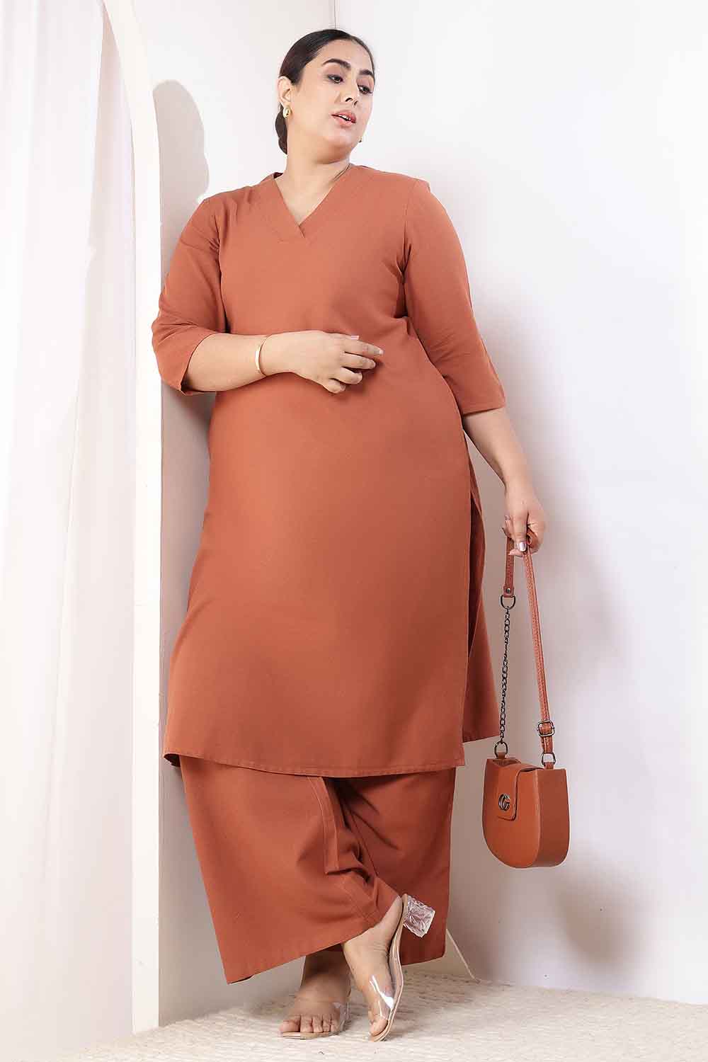 Plus Size Mocha Brown Cotton Linen Kurta Coord Set
