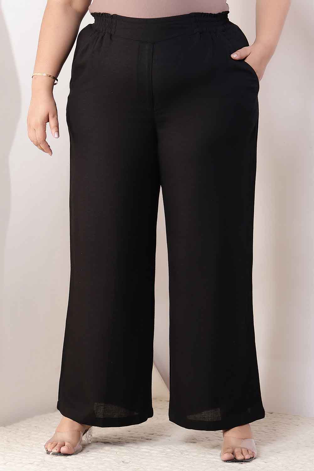 Plus Size Black Cotton Linen High Waist Pants