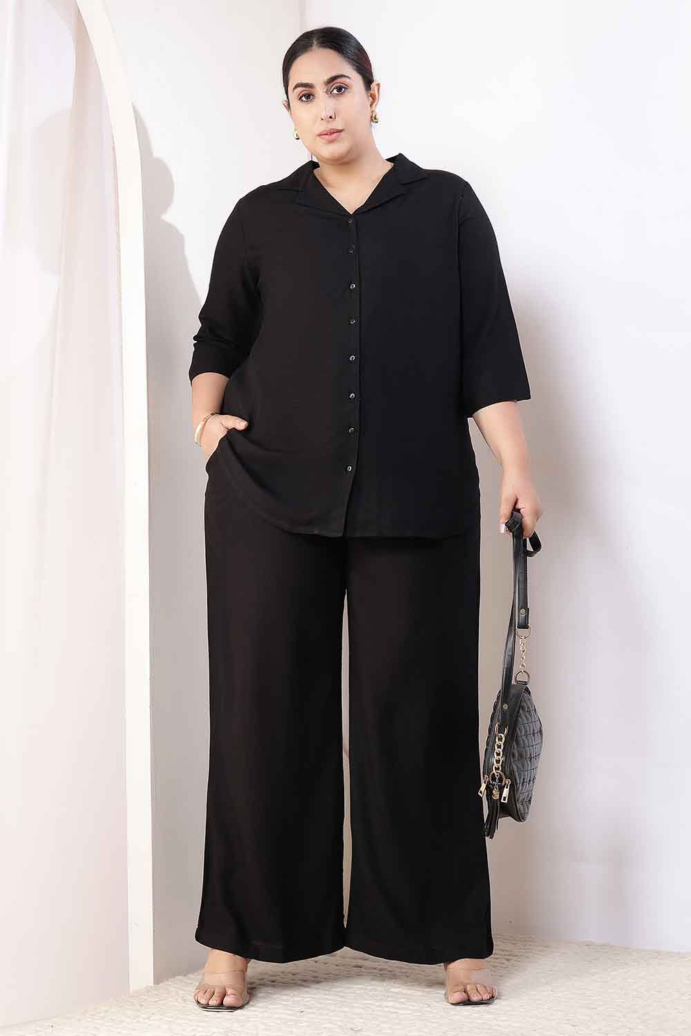Plus Size Black Cotton Linen Shirt Coord Set