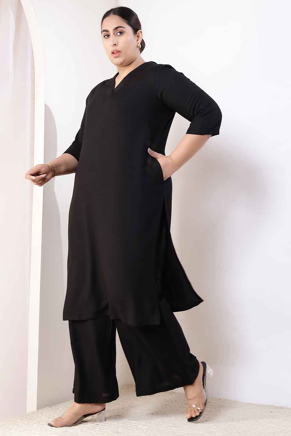 Plus Size Black Cotton Linen Kurta Coord Set