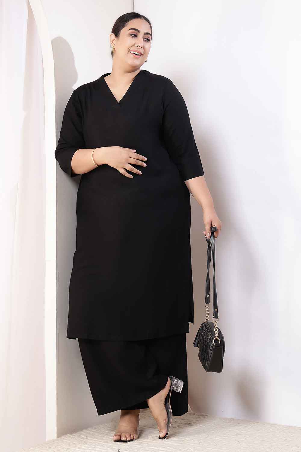 Plus Size Black Cotton Linen Kurta Coord Set