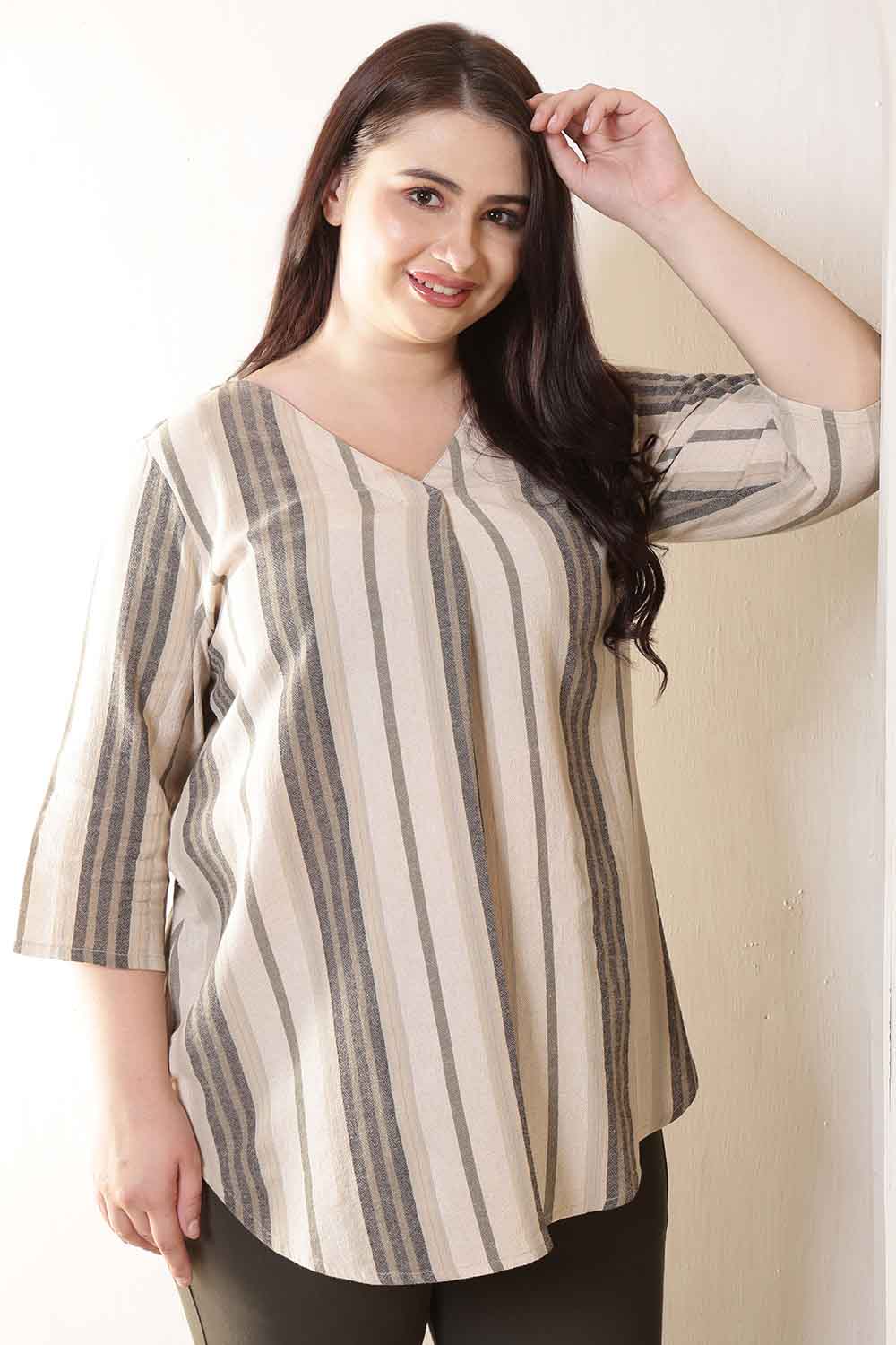 Plus Size Beige & Grey Striped V-Neck Cotton Top