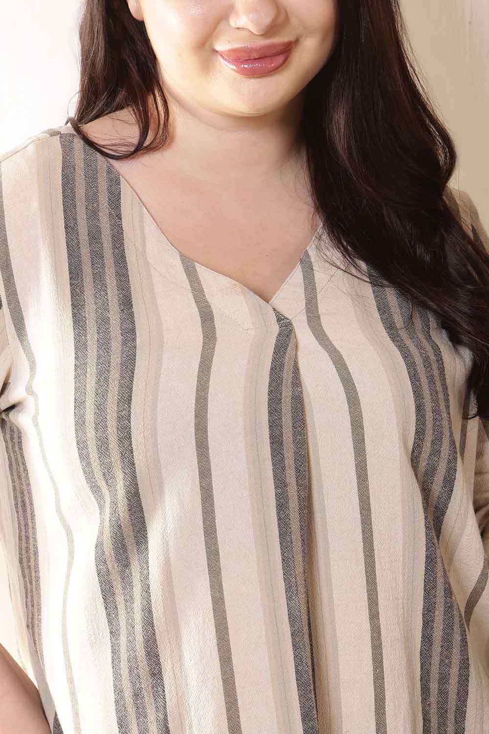 Plus Size Plus Size Beige & Grey Striped V-Neck Cotton Top