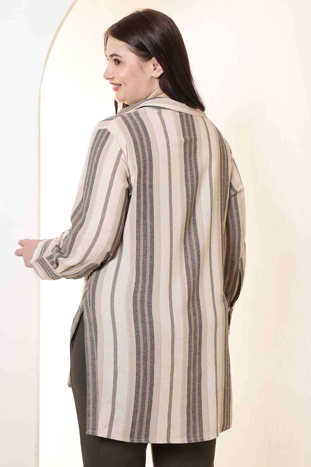 Plus Size Beige & Grey Striped High Slit Styled Cuff Cotton Shirt