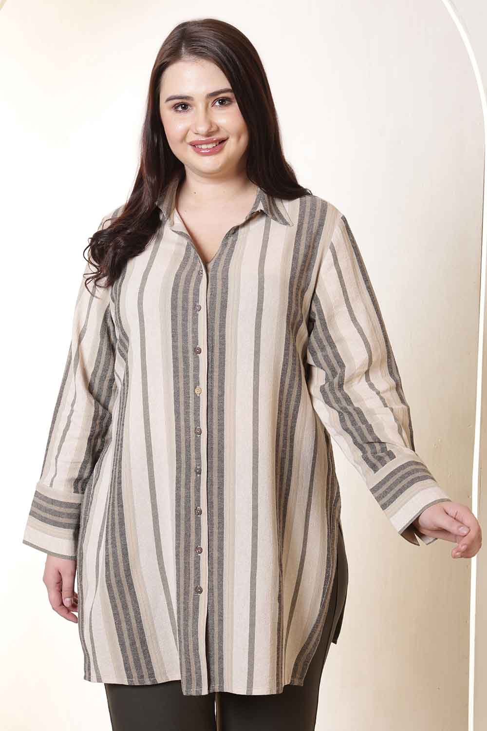Plus Size Plus Size Beige & Grey Striped High Slit Styled Cuff Cotton Shirt