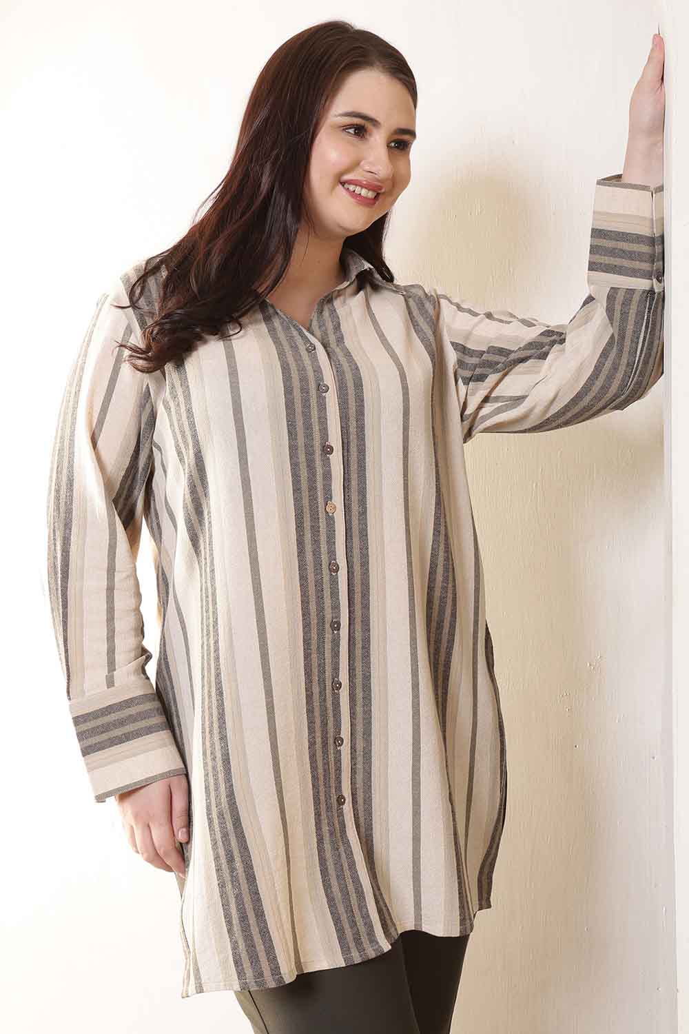 Plus Size Olive Striped High Slit Styled Cuff Cotton Shirt