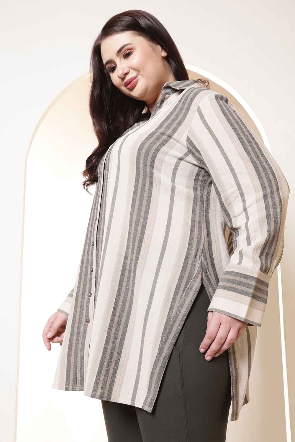 Comfortable Plus Size Beige & Grey Striped High Slit Styled Cuff Cotton Shirt