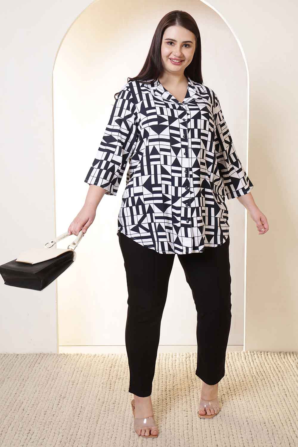 Plus Size Black & White Geometric Print Cuban Collar Shirt