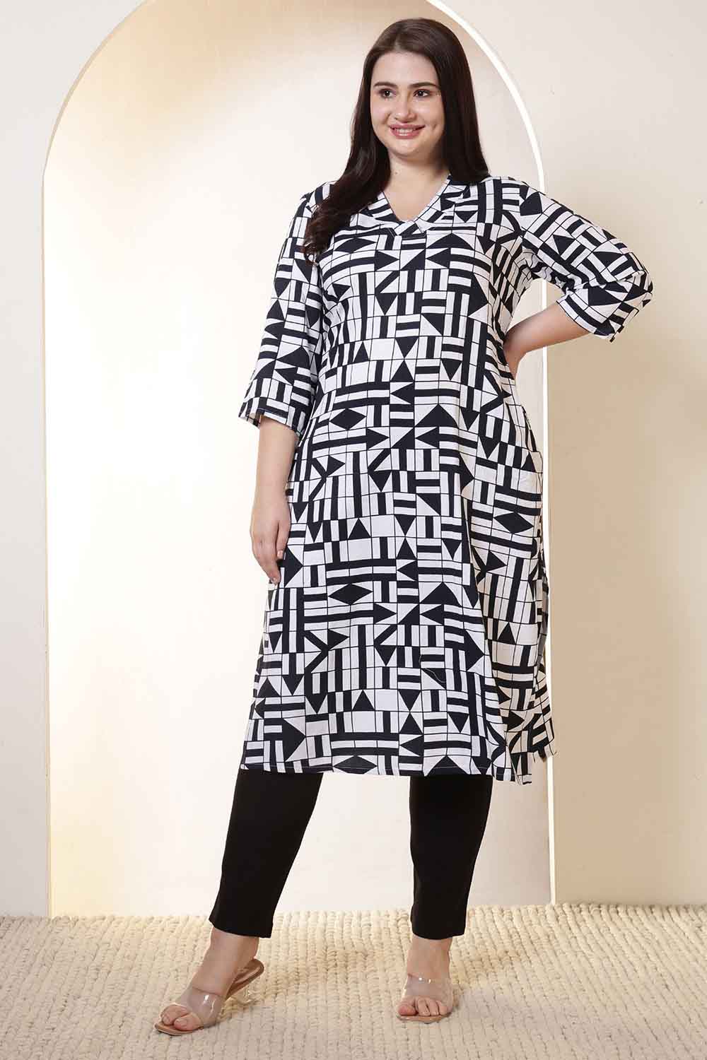 Plus Size Black & White Geometric Print V Neck Kurta for Women