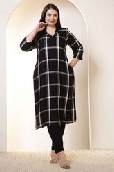 Plus Size Black & White Checkered V-Neck Rayon Twill Kurta