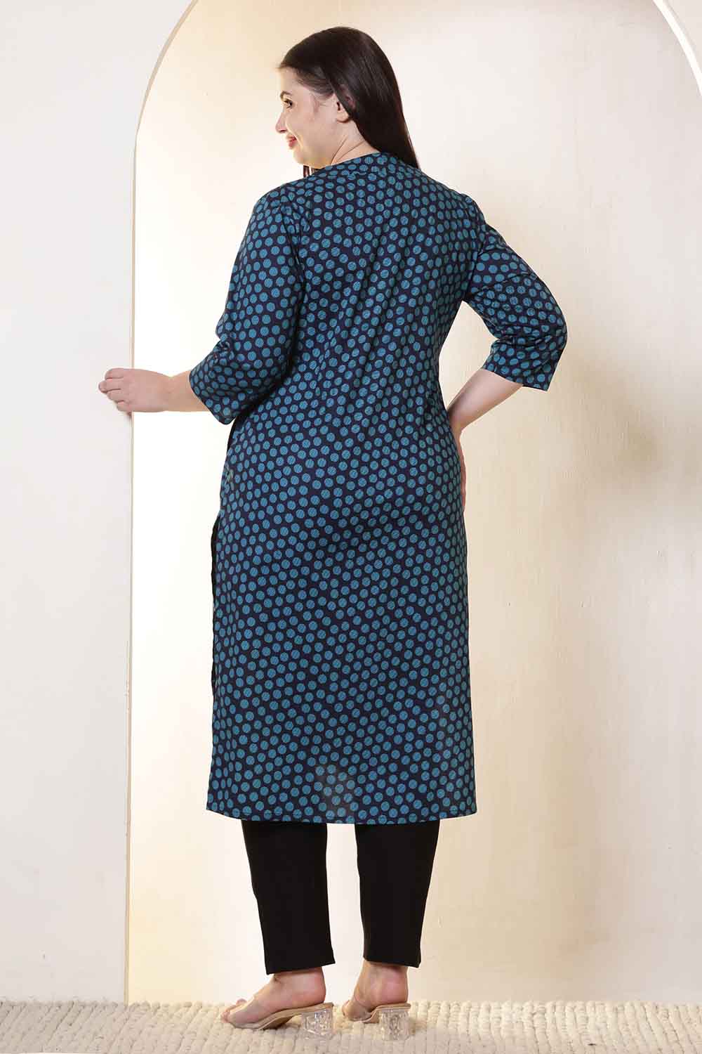 Plus Size Navy & Teal Polka Print V Neck Cotton Kurta