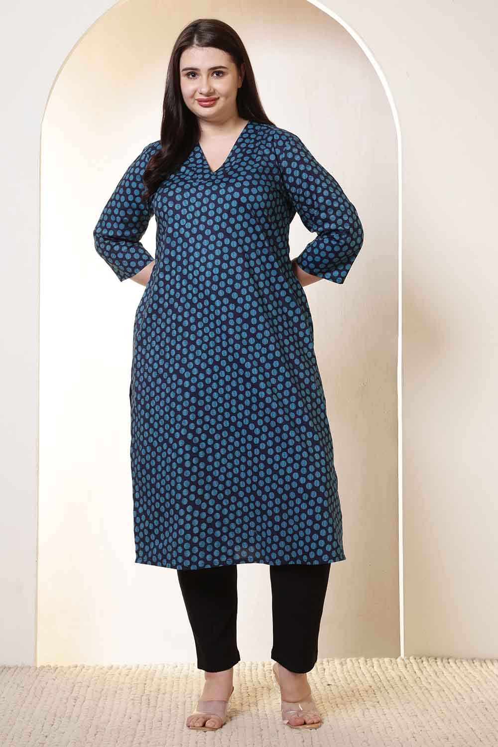 Comfortable Plus Size Navy & Teal Polka Print V Neck Cotton Kurta