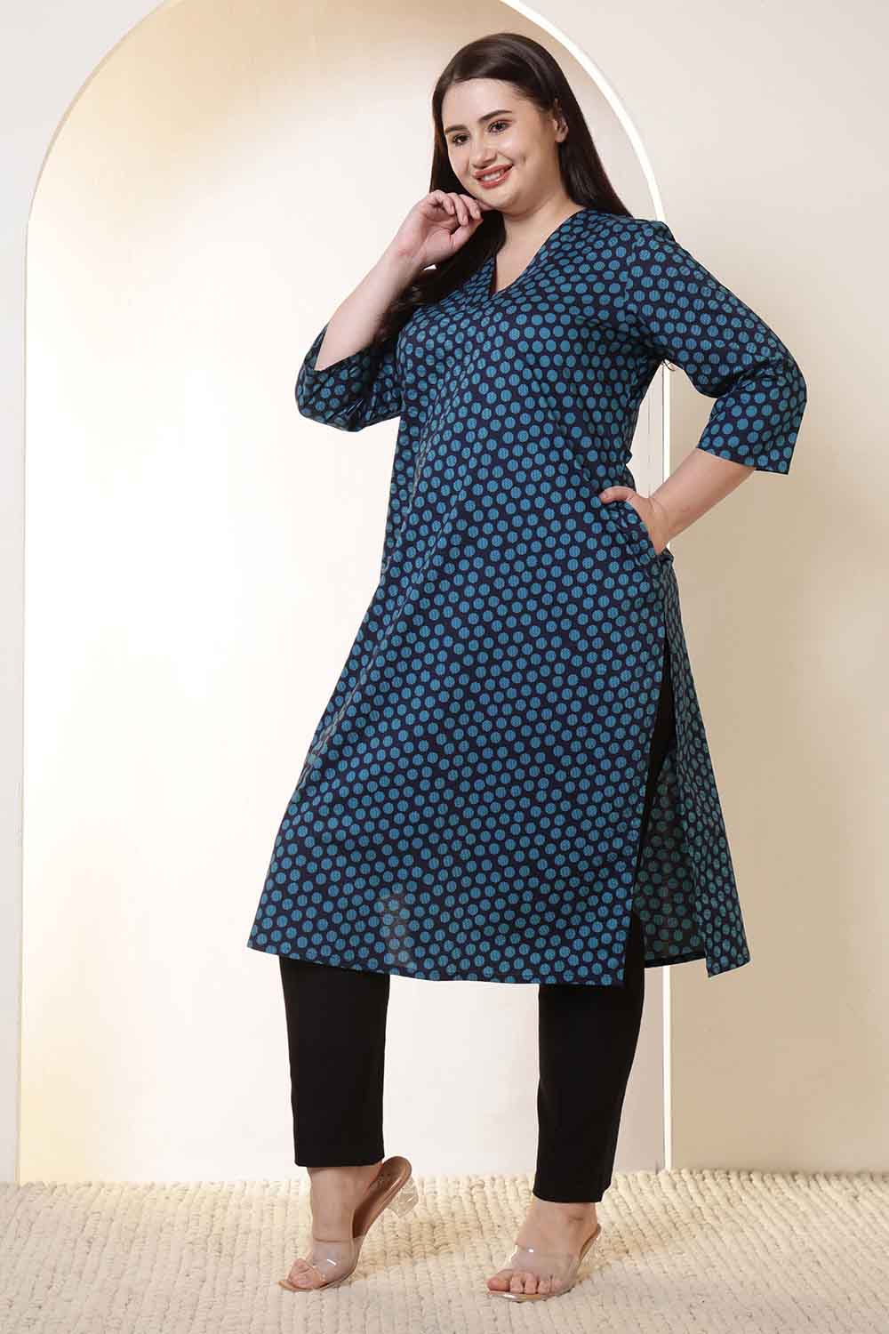 Plus Size Plus Size Navy & Teal Polka Print V Neck Cotton Kurta