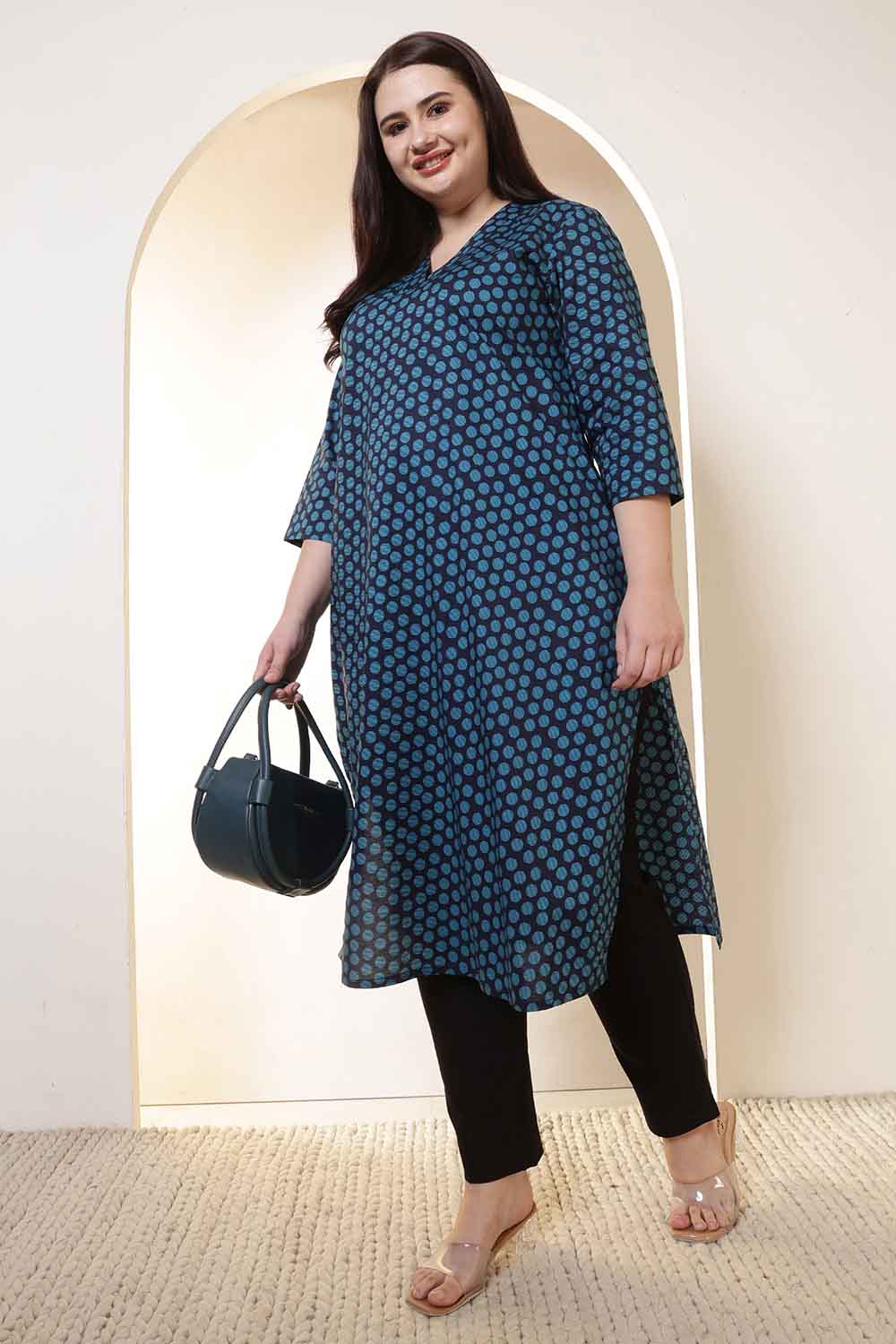 Plus Size Navy & Teal Polka Print V Neck Cotton Kurta for Women