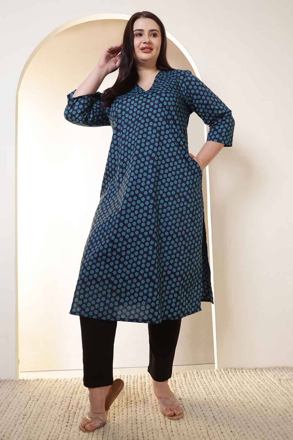 Plus Size Navy & Teal Polka Print V Neck Cotton Kurta