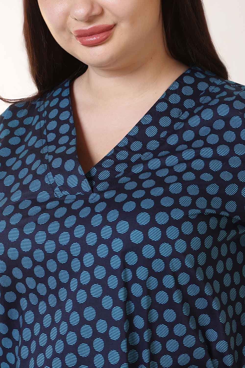 Plus Size Navy & Teal Polka Print V Neck Cotton Kurta