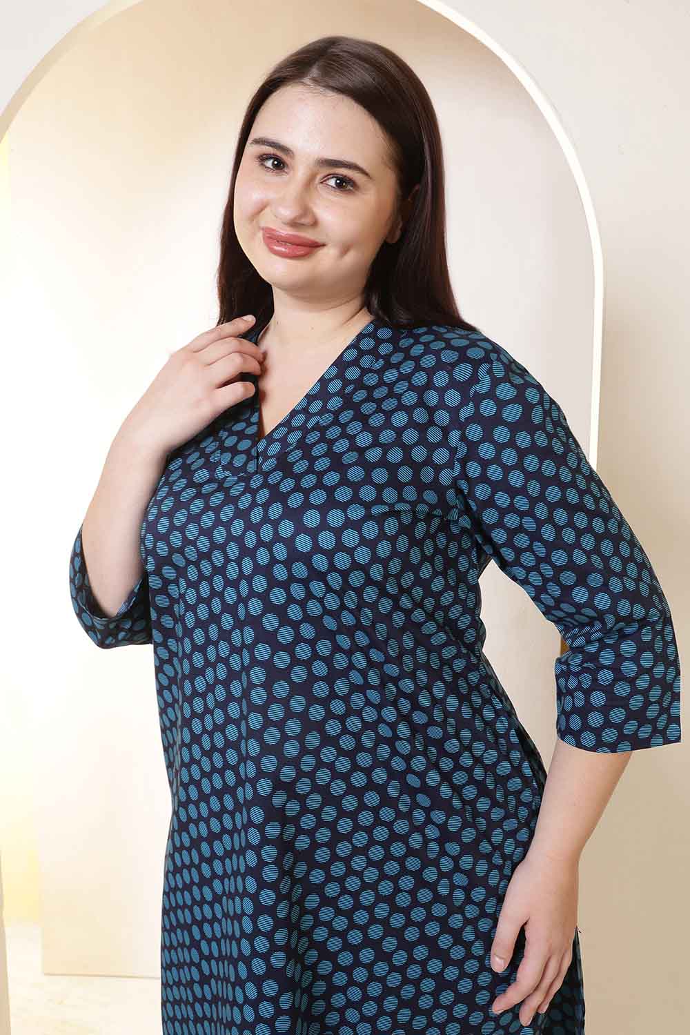 Plus Size Navy & Teal Polka Print V Neck Cotton Kurta