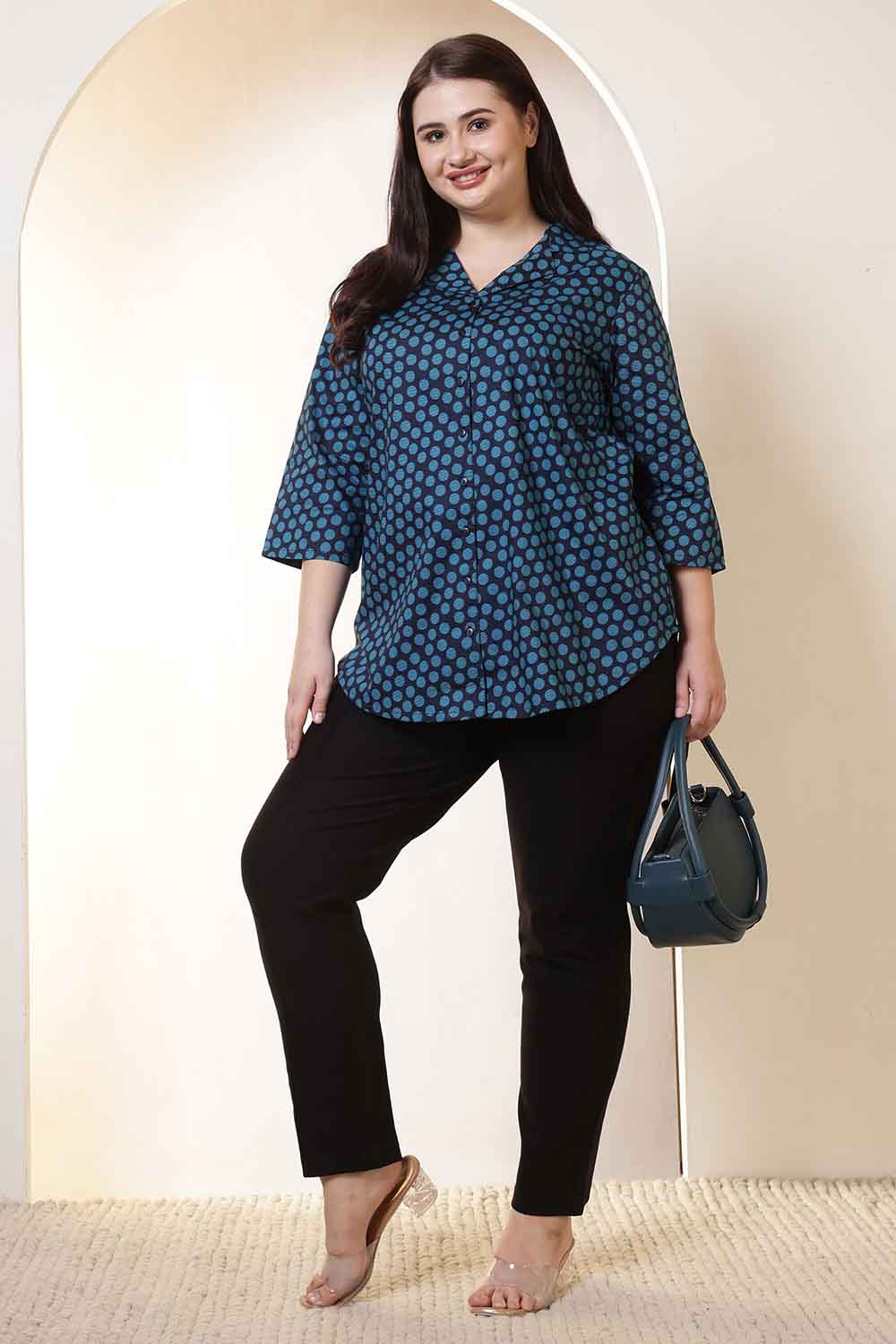 Plus Size Navy & Teal Polka Print Cuban Collar Shirt