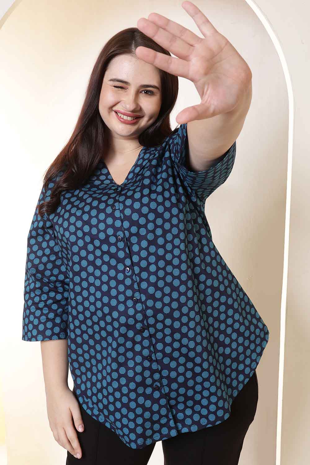 Plus Size Navy & Teal Polka Print Cuban Collar Shirt