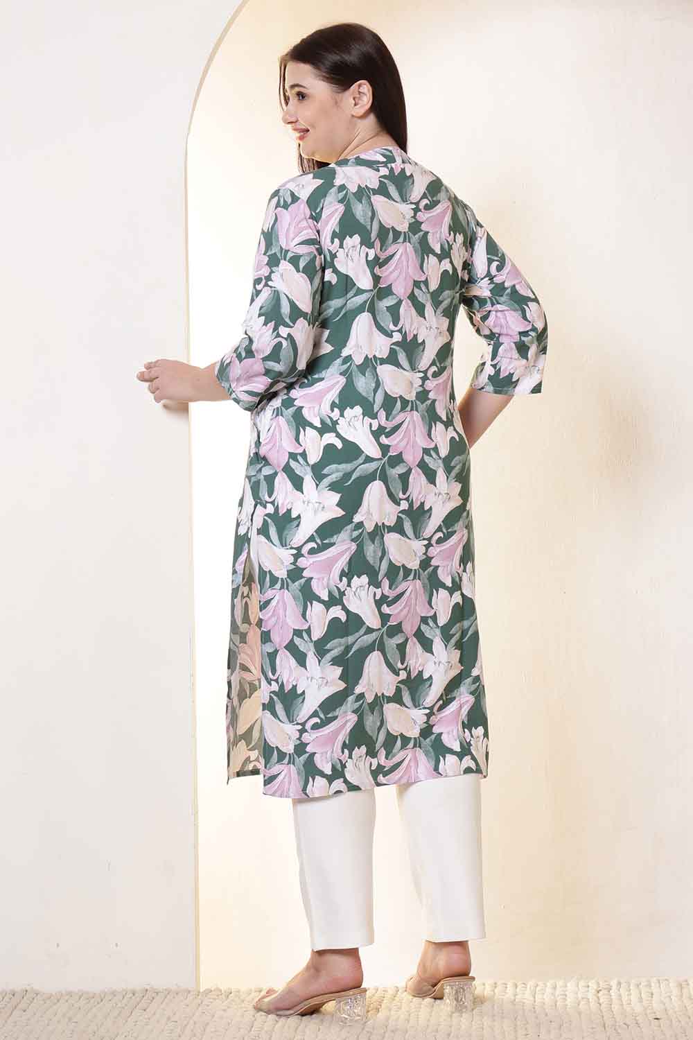 Plus Size Green & Pink Flower Print V Neck Rayon Kurta