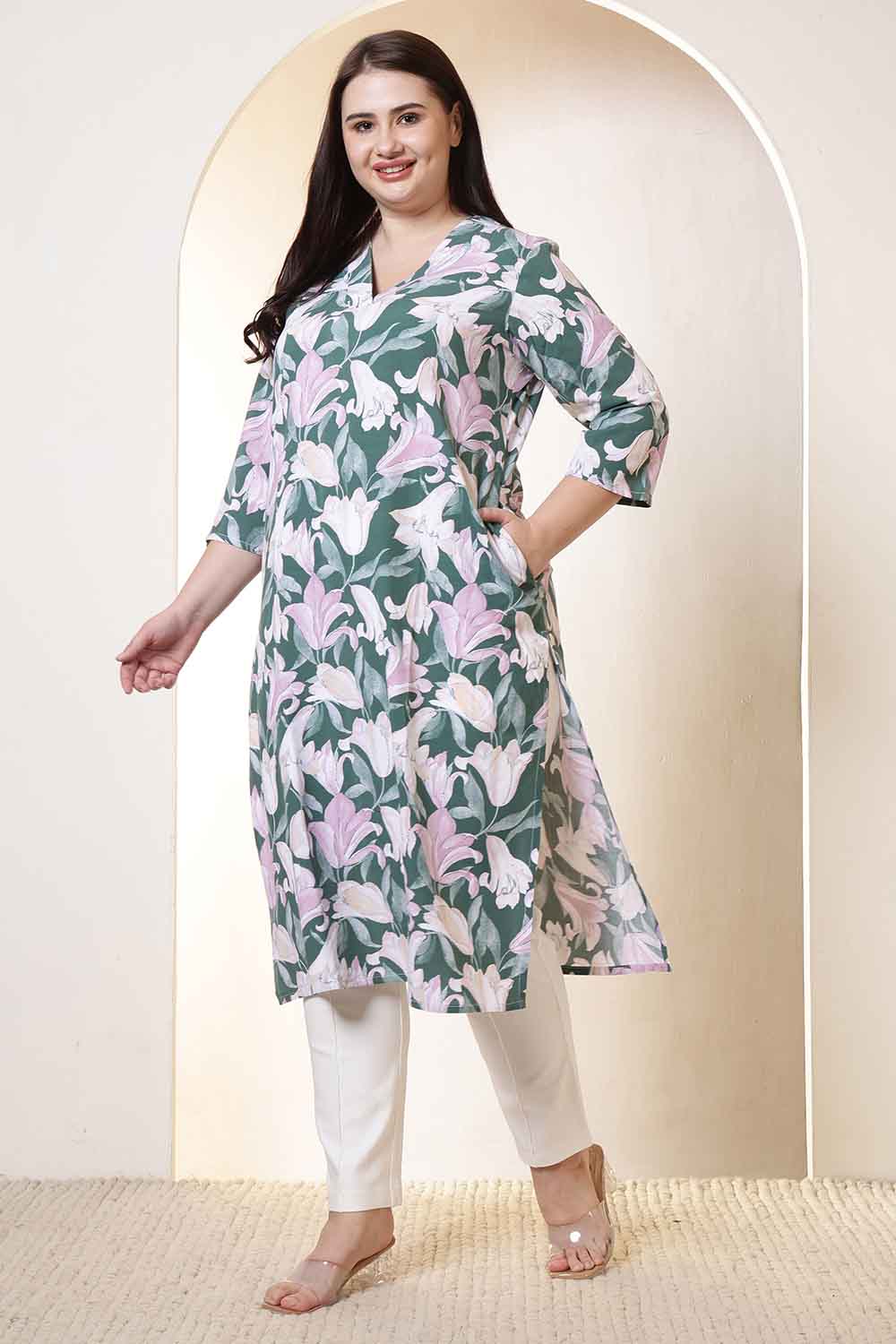 Comfortable Plus Size Green & Pink Flower Print V Neck Rayon Kurta
