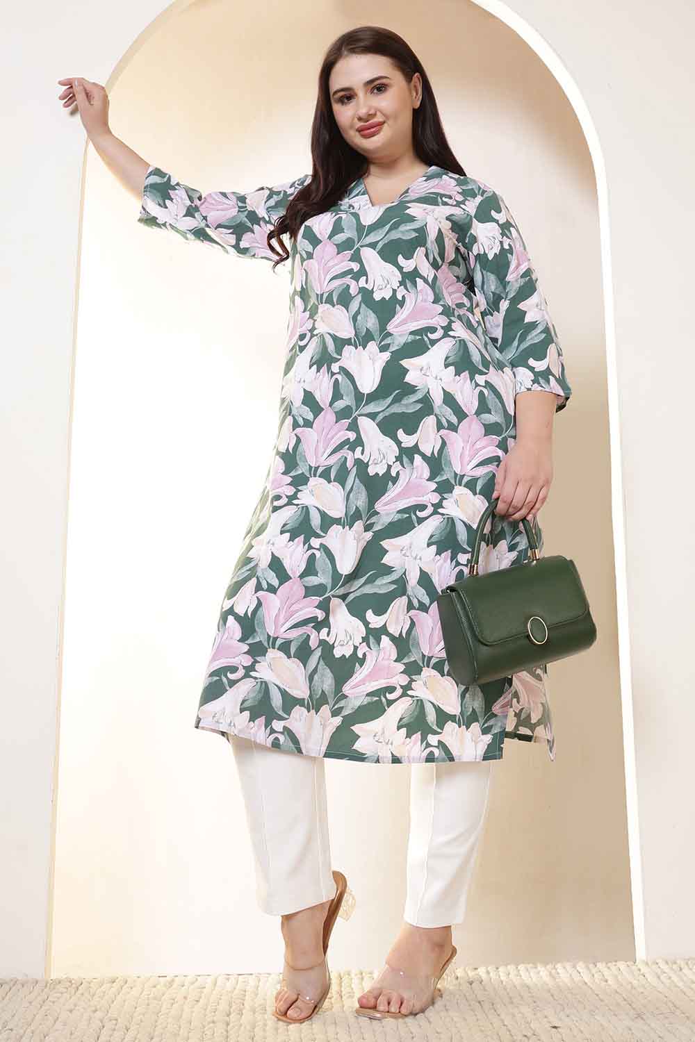 Plus Size Green & Pink Flower Print V Neck Rayon Kurta