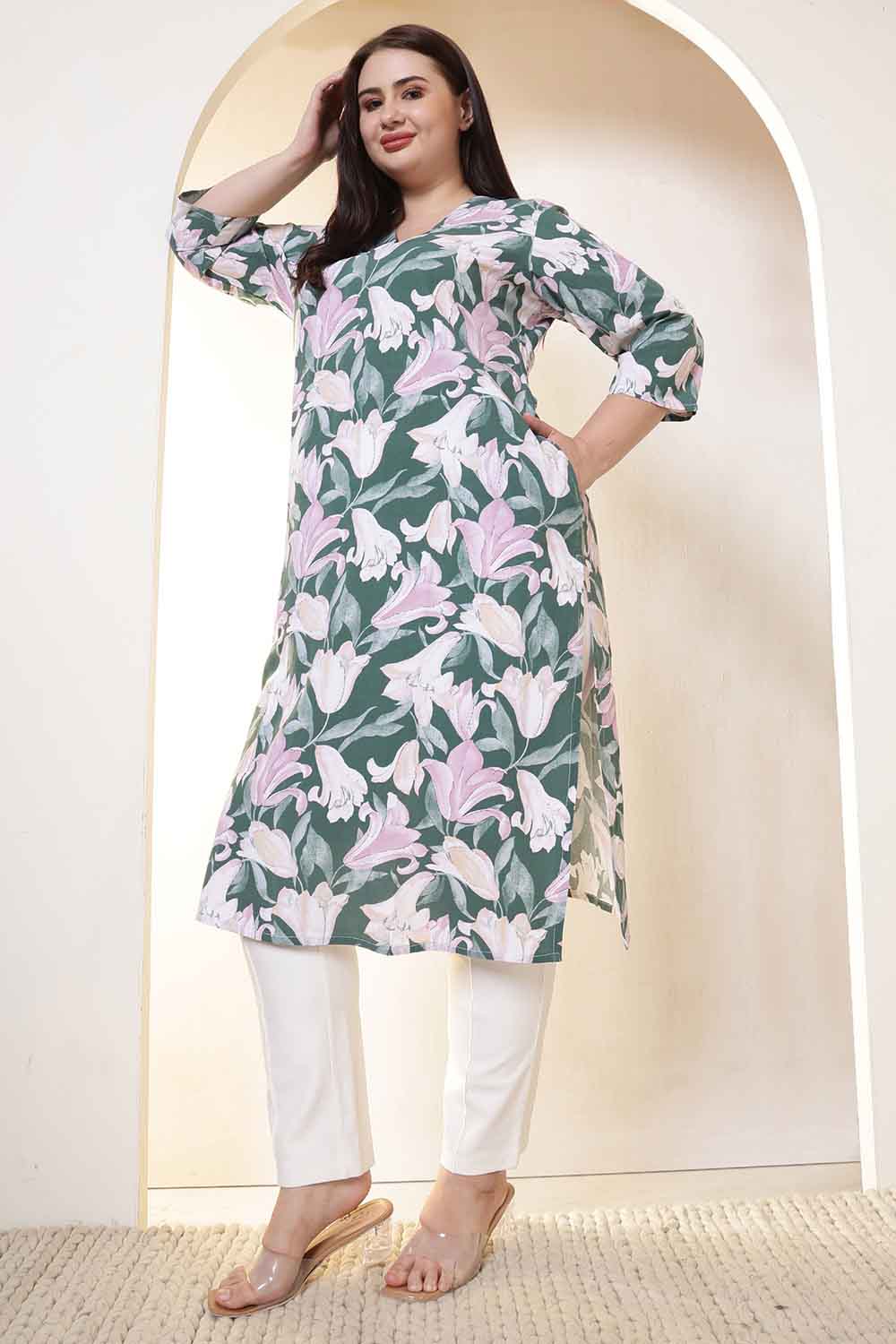 Plus Size Green & Pink Flower Print V Neck Rayon Kurta for Women