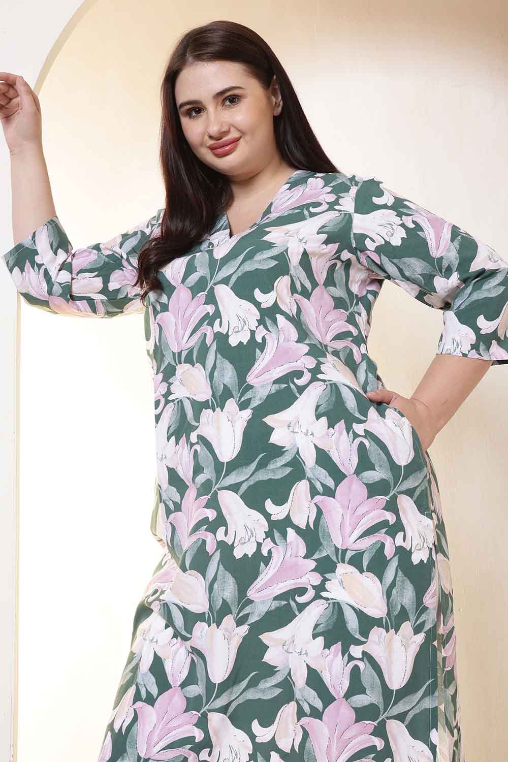 Plus Size Green & Pink Flower Print V Neck Rayon Kurta