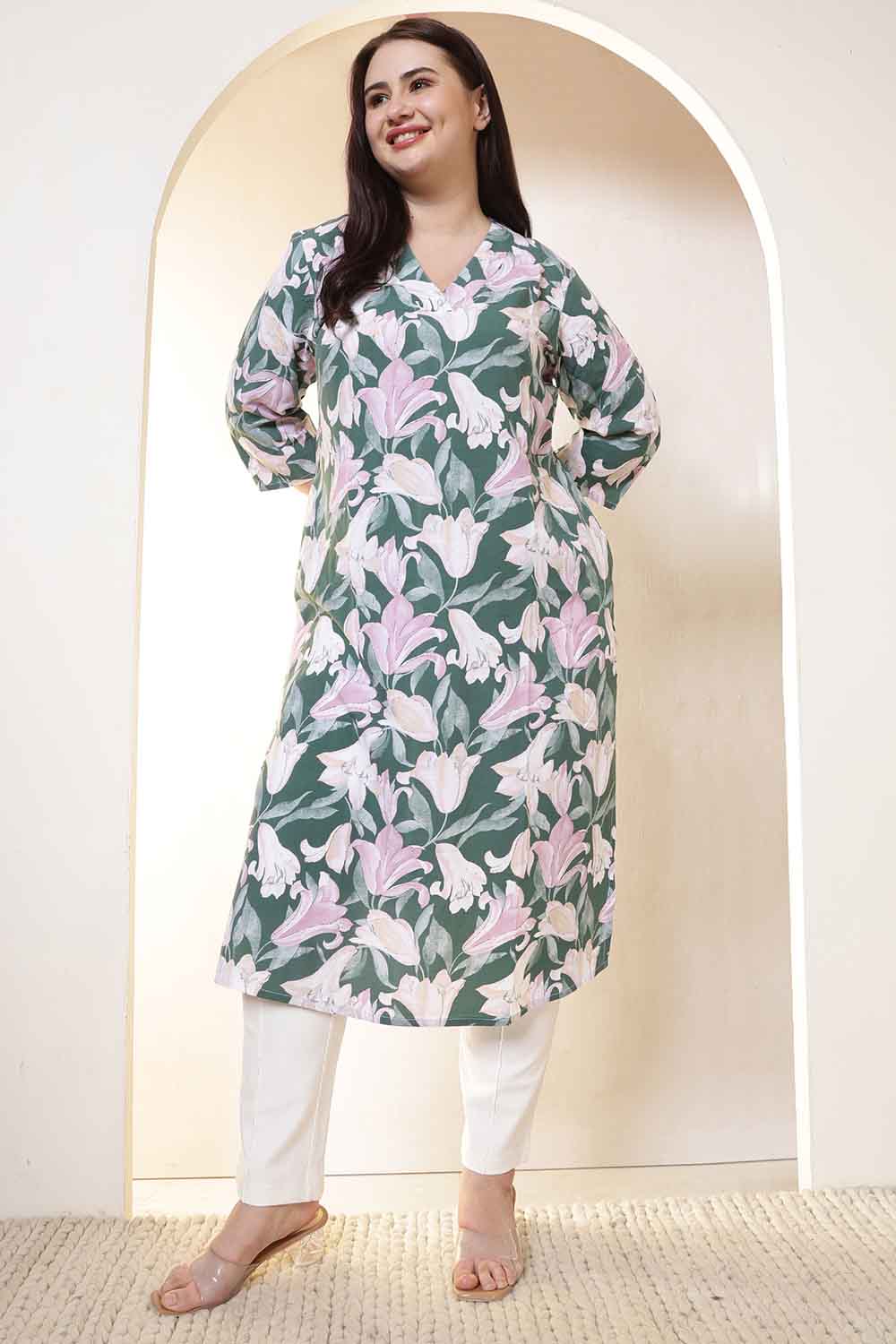 Plus Size Plus Size Green & Pink Flower Print V Neck Rayon Kurta