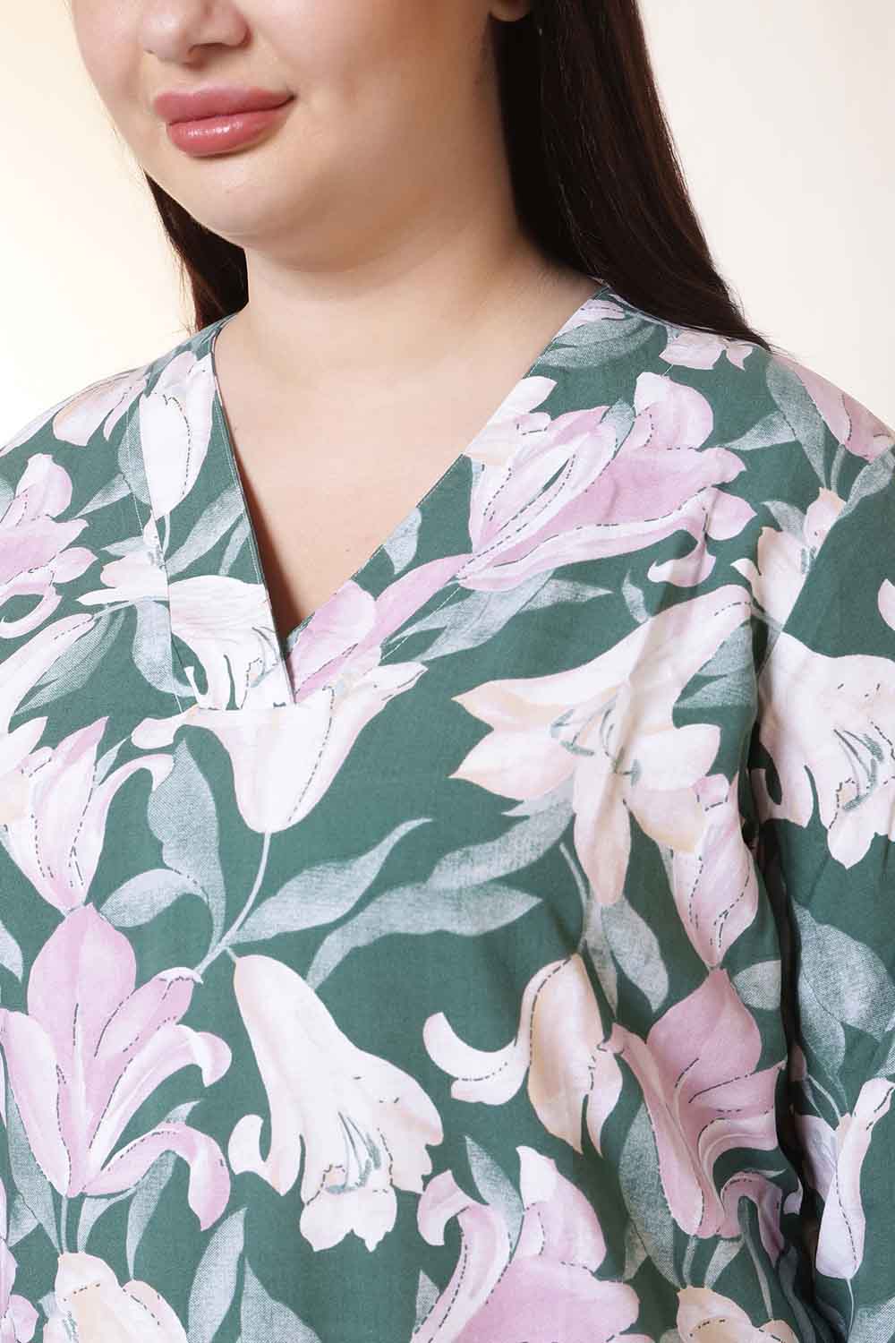 Plus Size Green & Pink Flower Print V Neck Rayon Kurta