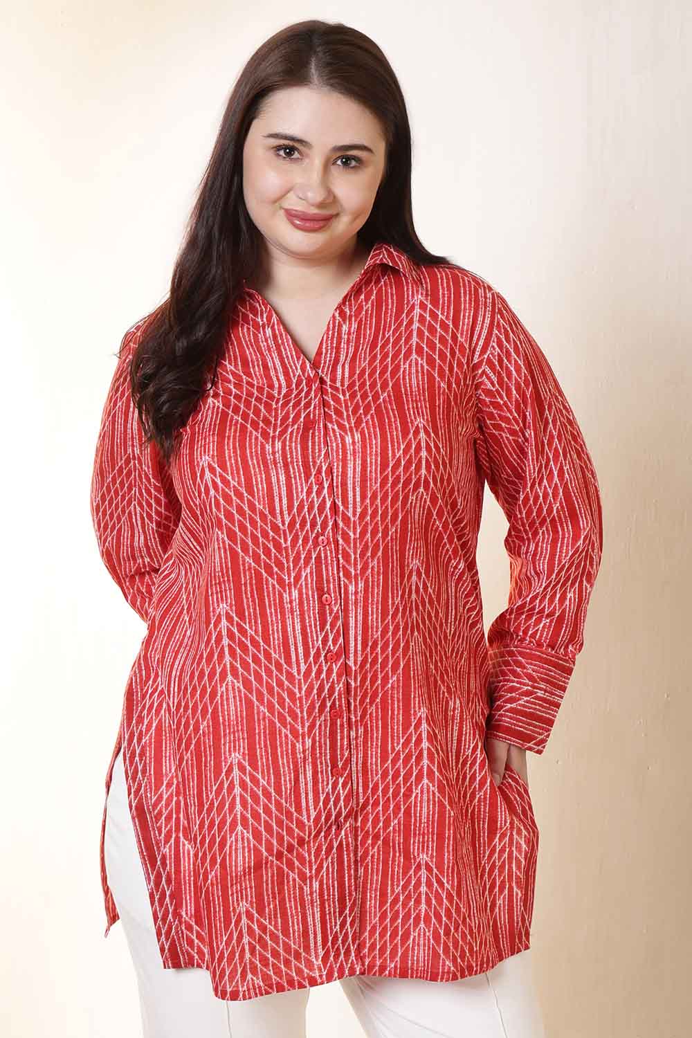 Plus Size Plus Size Bold Red & White Print High Slit Styled Cuff Cotton Shirt