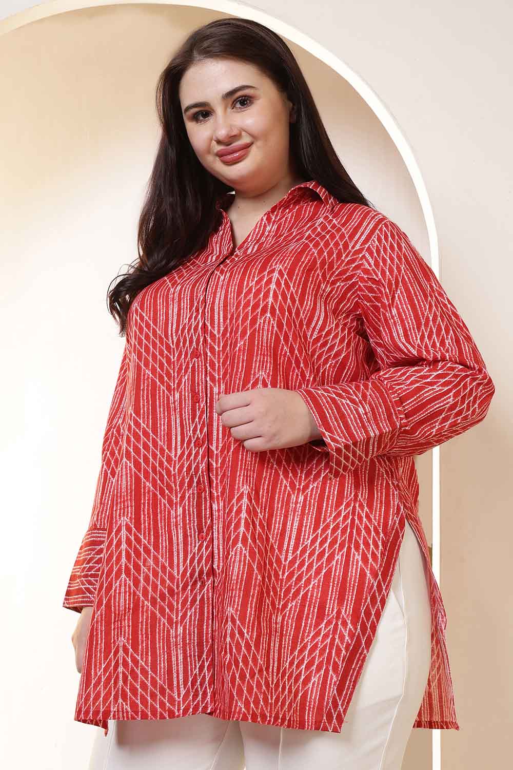 Plus Size Bold Red & White Print High Slit Styled Cuff Cotton Shirt