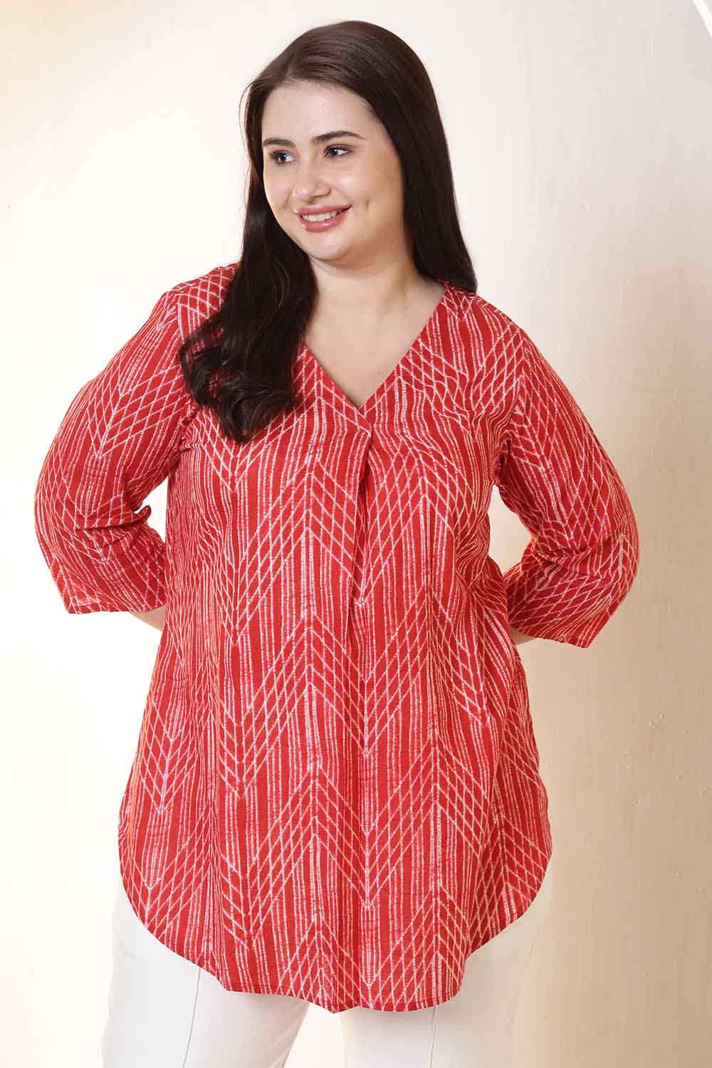 Plus Size Bold Red & White Print V Neck Cotton Top for Women